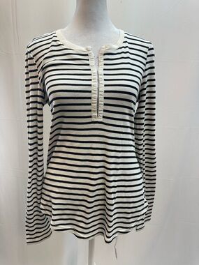 Splendid Black & White Striped Henley Long-Sleeve Top S